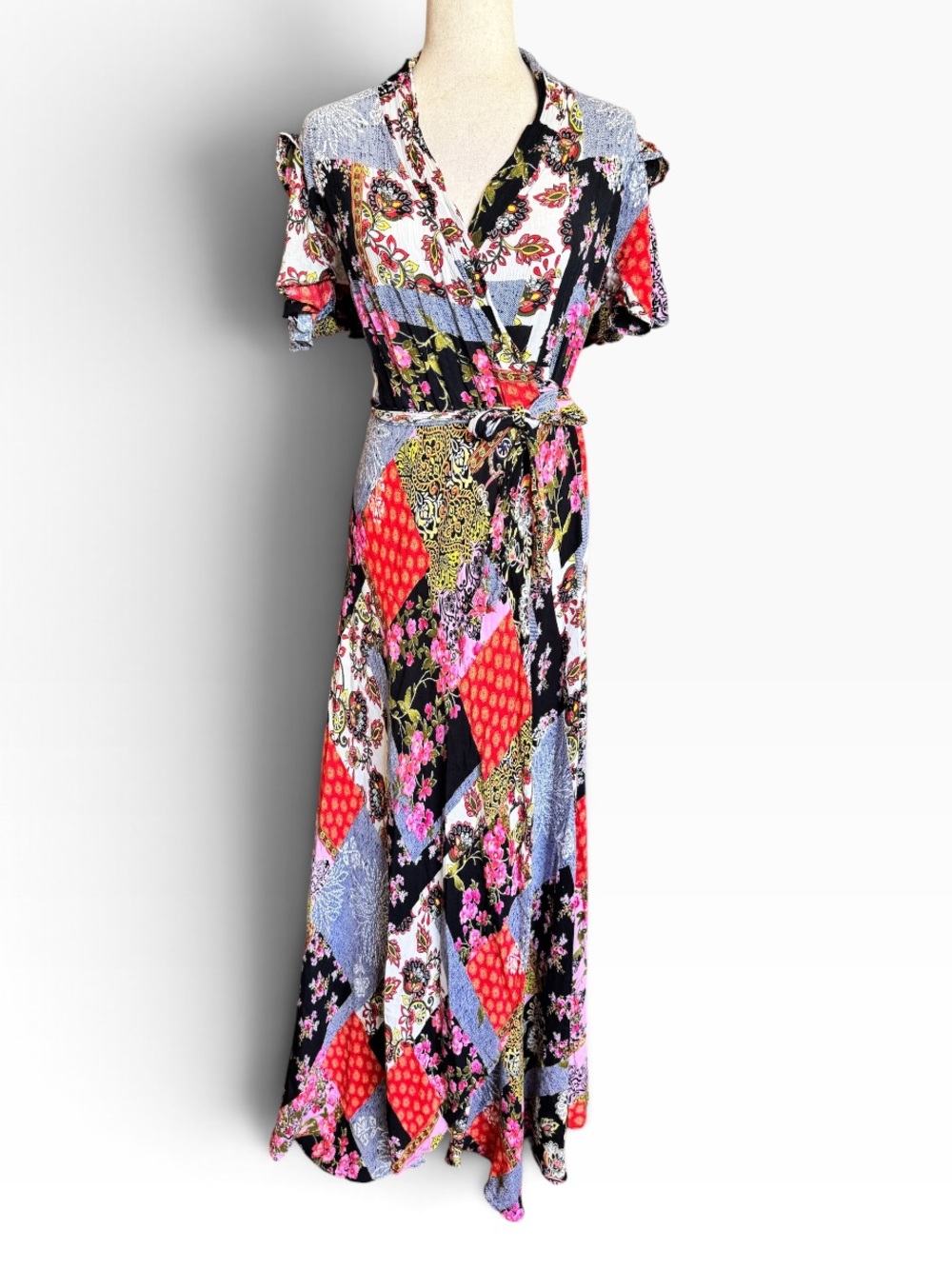 RAGA Patchwork Floral Wrap Maxi Dress - Black, Red, Pink